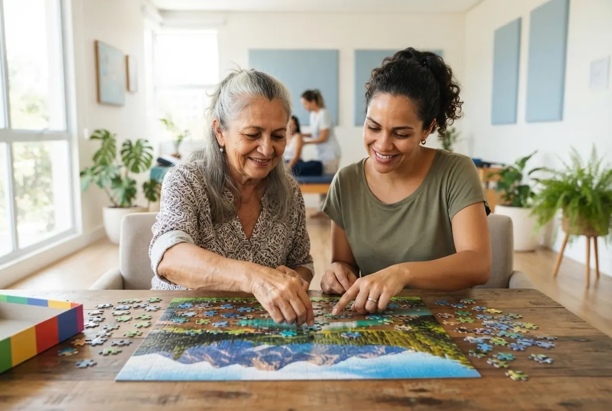 Idosa e filha montando quebra-cabeça juntas