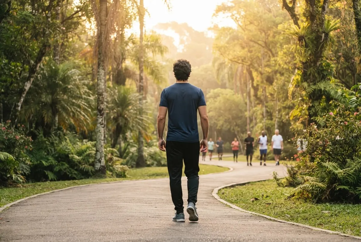 Homem caminhando em parque ao amanhecer