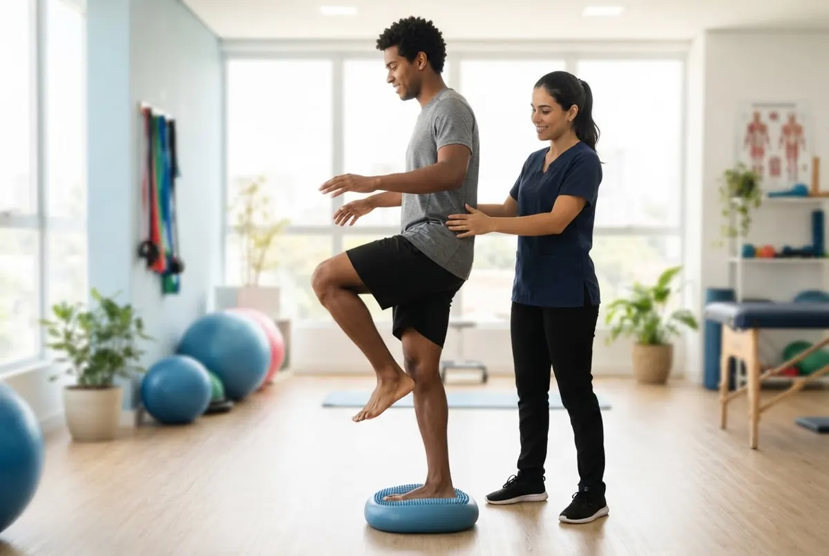 Jovem em treino de equilíbrio com apoio de profissional