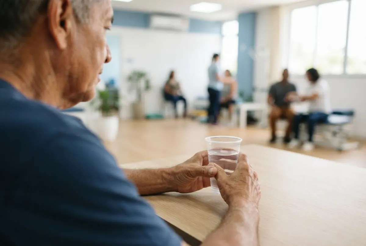 Mãos de idoso segurando uma xícara sobre a mesa